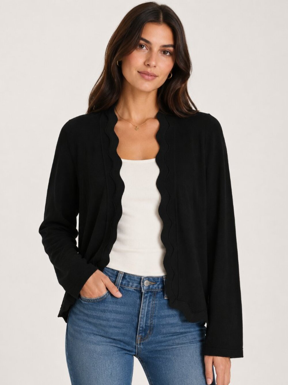 Spense Black Scalloped Open Front Cardigan Sweater Women’s XL Rayon Blend Lightw